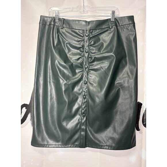 Belle Poque faux leather skirt dark green button rouched front zip back Work 2X - Picture 1 of 8